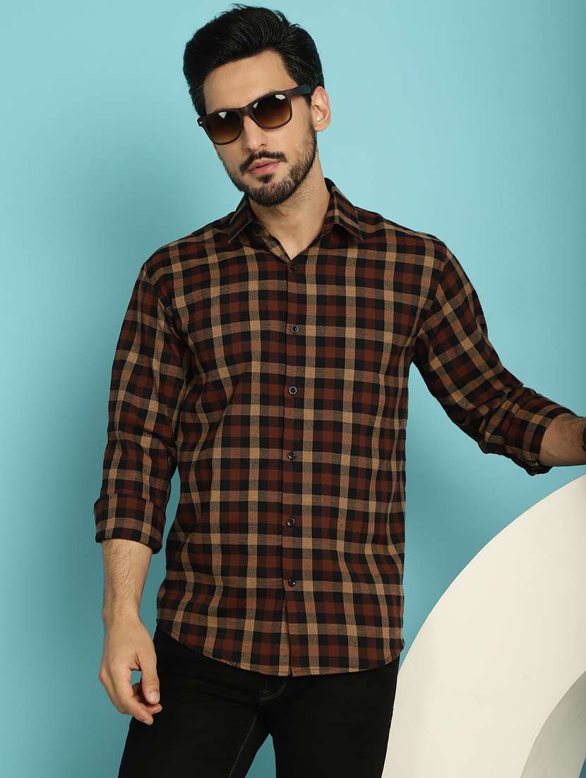 men brown regular fit check print casual shirt