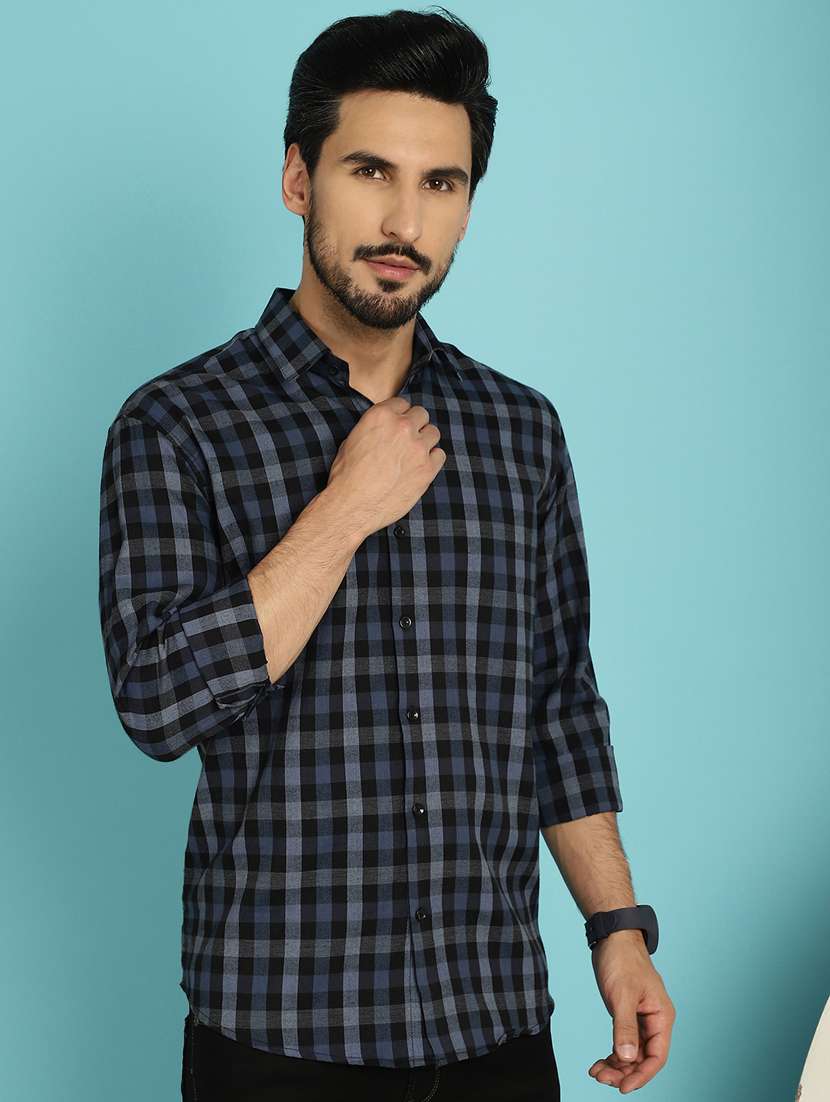 men navy blue regular fit checkered casual shirt
