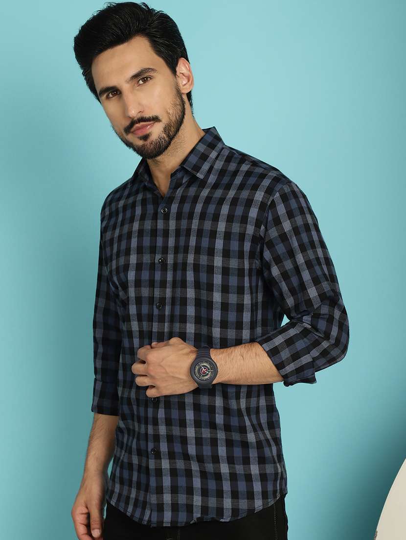 men navy blue regular fit checkered casual shirt - 20840512 -  Standard Image - 1