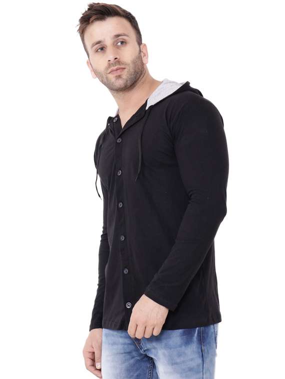 black solid cotton hooded casual shirt - 20840565 -  Standard Image - 1