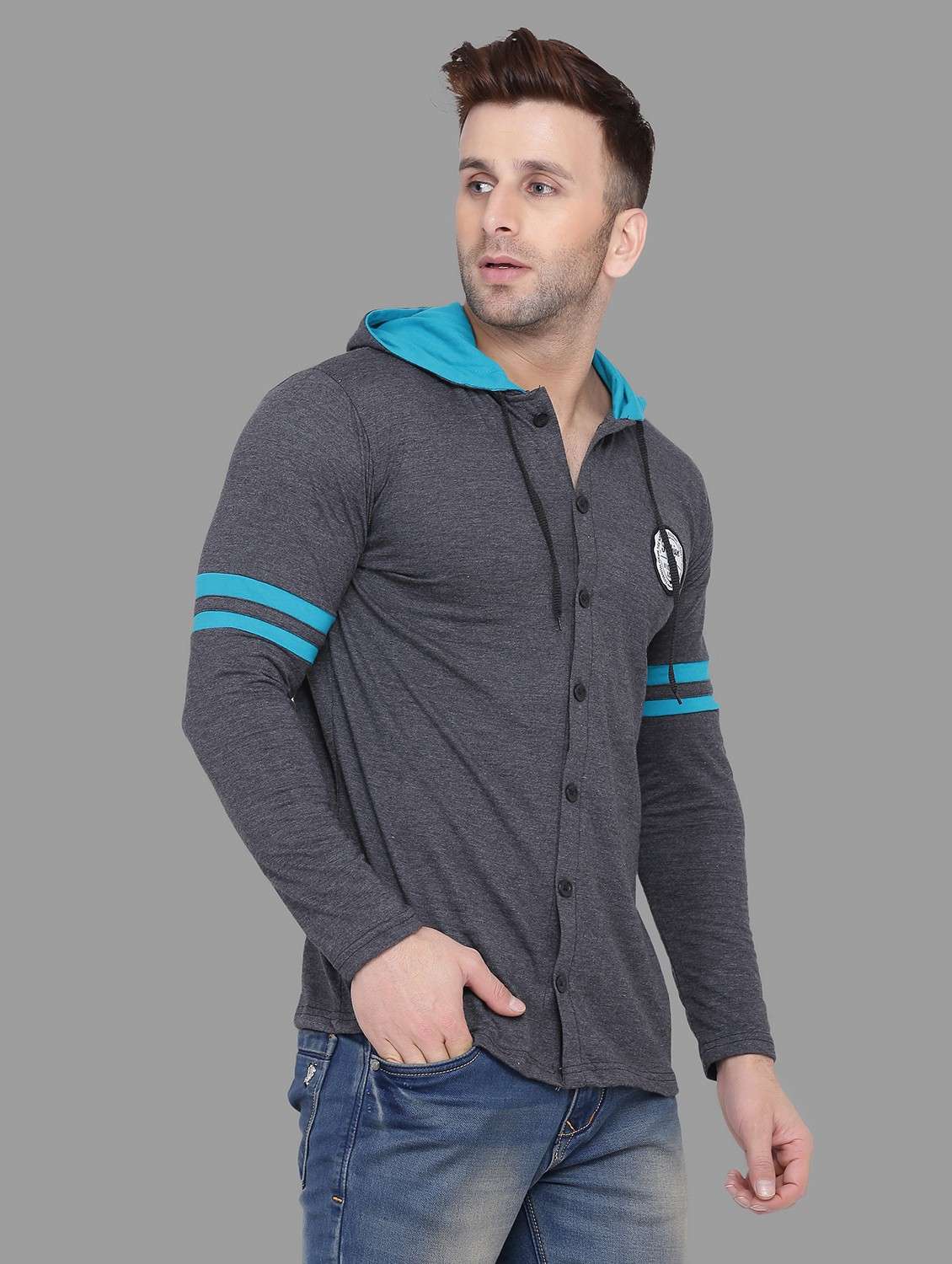 men slim fit long sleeve hooded shirt - 20840575 -  Standard Image - 1