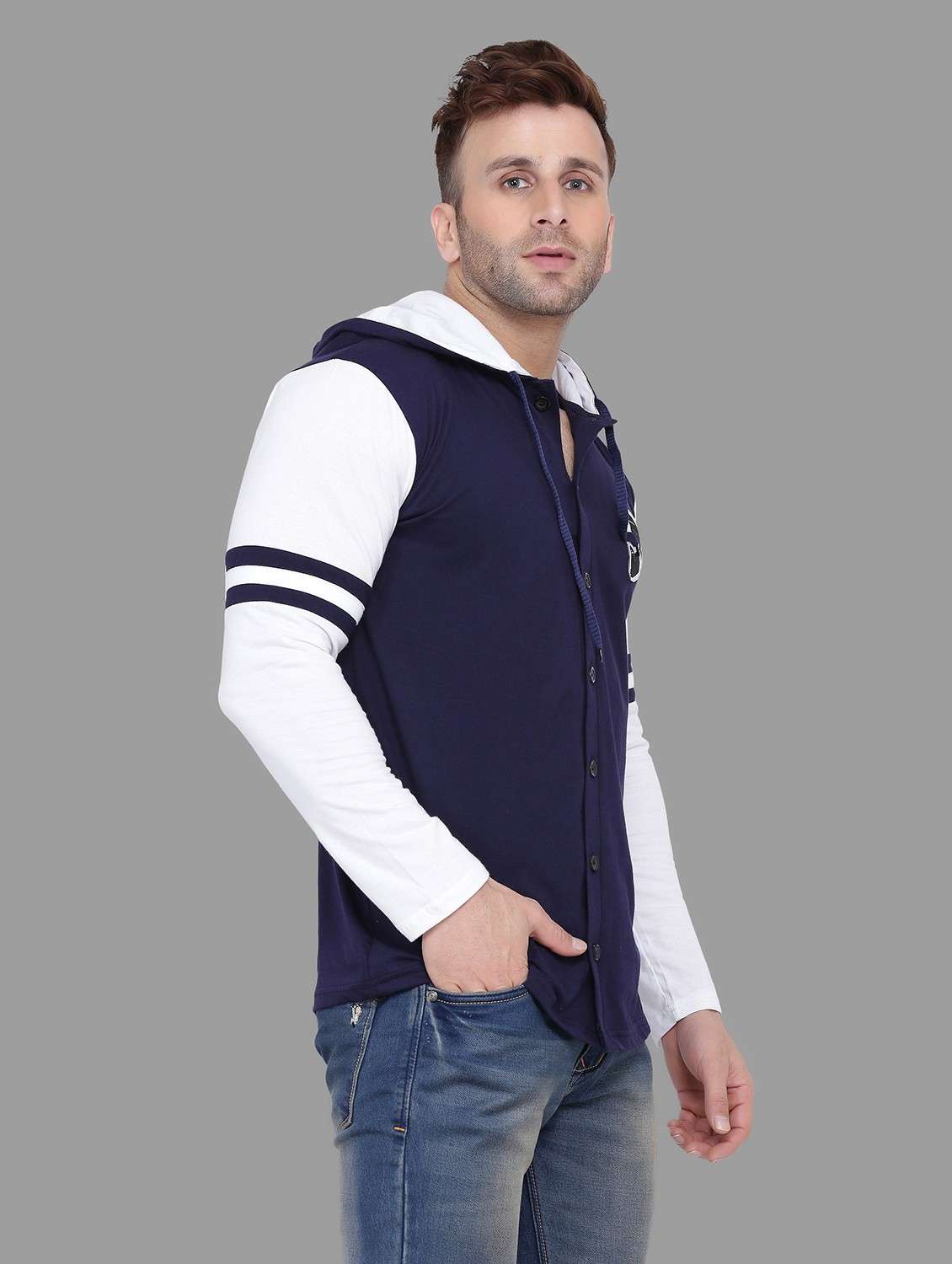 men hood neck color block casual shirt - 20840580 -  Standard Image - 1