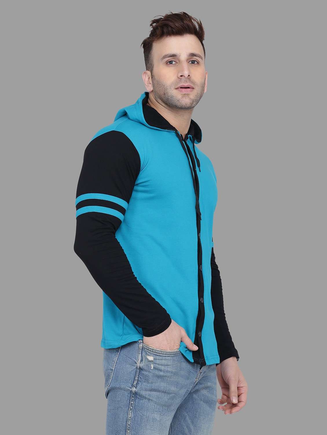 men hood neck color block casual shirt - 20840589 -  Standard Image - 1