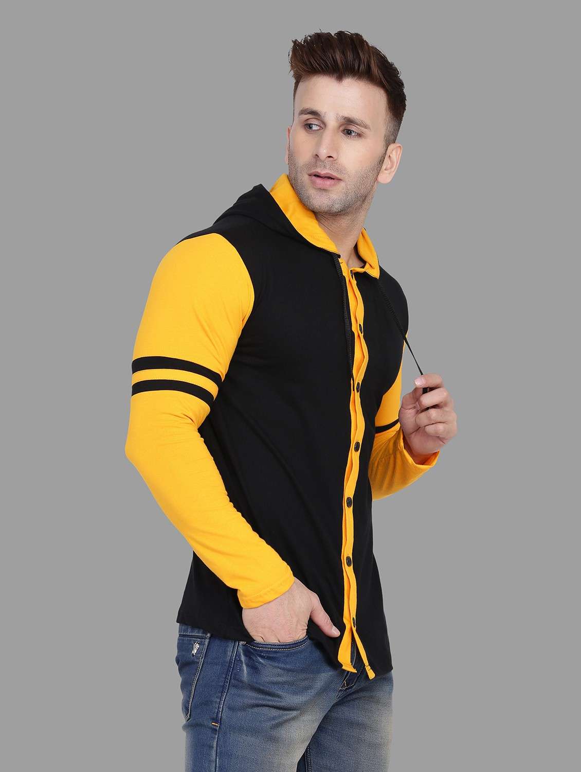 men hood neck color block casual shirt - 20840597 -  Standard Image - 1