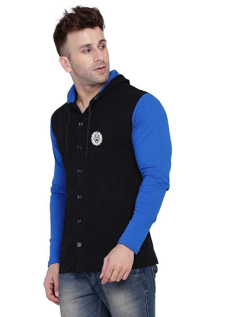 black & blue colourblocked detailed hooded shirt - 20841074 -  Standard Image - 1