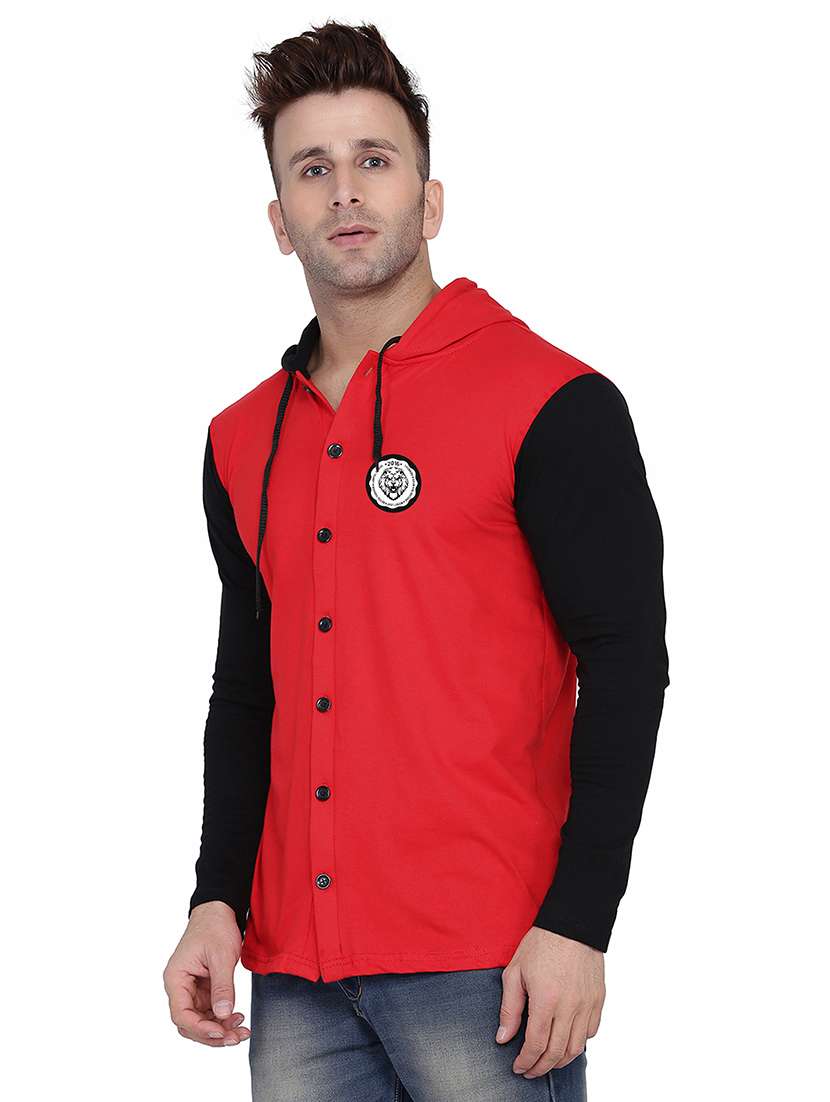 red & black colourblocked detailed hooded shirt - 20841075 -  Standard Image - 1