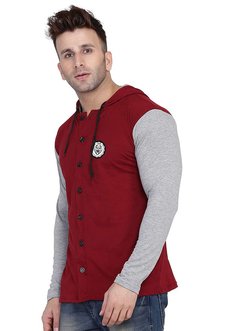 maroon & grey colourblocked detailed hooded shirt - 20841080 -  Standard Image - 1