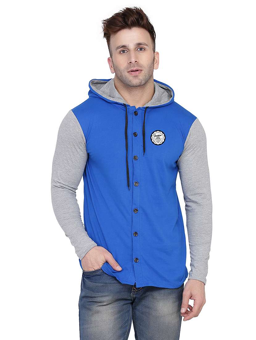 blue & grey colourblocked detailed hooded shirt