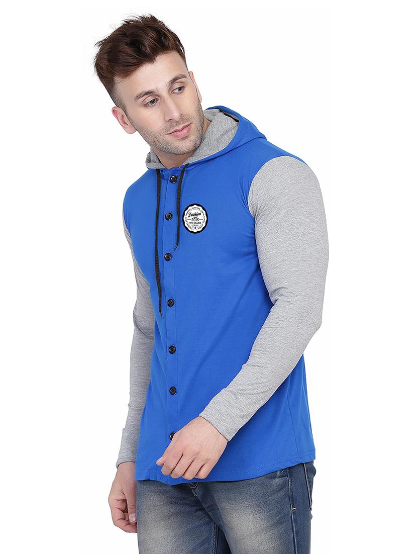 blue & grey colourblocked detailed hooded shirt - 20841098 - Standard Image - 1