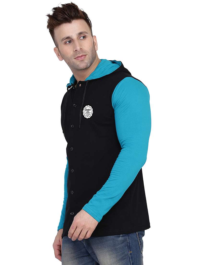 blue & black colourblocked hooded shirt - 20841101 -  Standard Image - 1