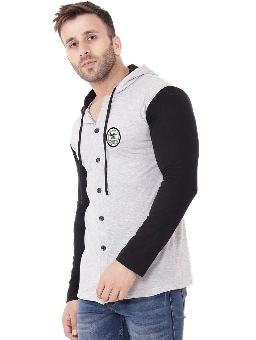 grey & black colourblocked detailed hooded shirt - 20841110 -  Standard Image - 1