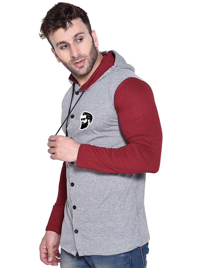 grey & maroon colourblocked hooded shirt - 20841117 - Standard Image - 1