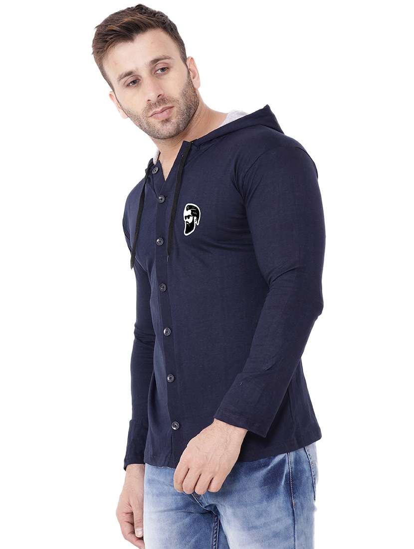 solid dark blue hooded casual shirt - 20841135 -  Standard Image - 1