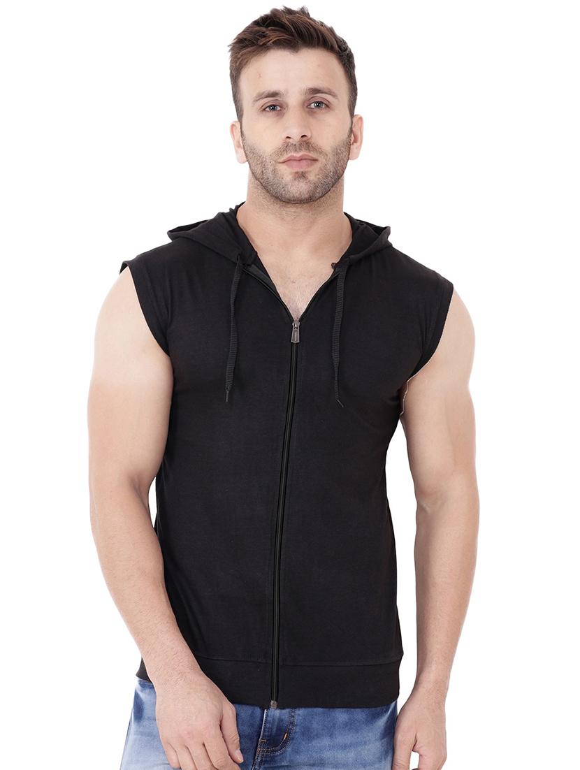 men black slim fit sleeveless hooded t-shirt