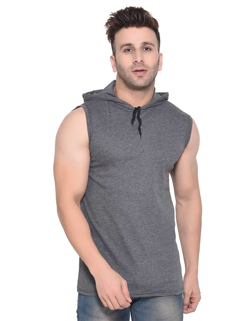 men solid hooded sleeveless t-shirt