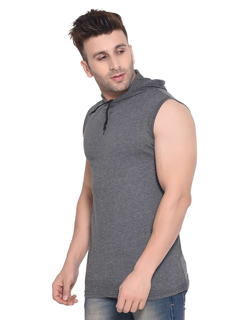 men solid hooded sleeveless t-shirt - 20841367 -  Standard Image - 1