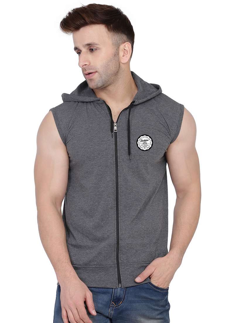 men solid hooded neck sleeveless t-shirt