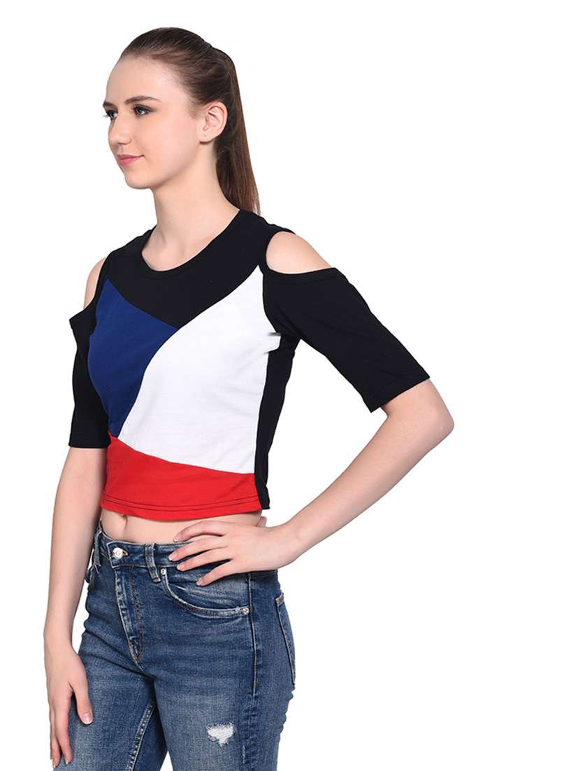 women color block round neck crop t-shirt - 20842156 -  Standard Image - 1