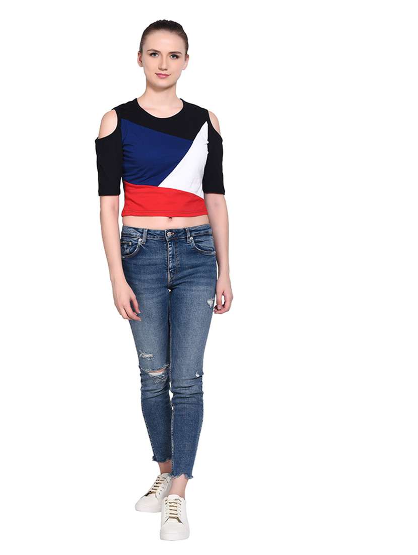 women color block round neck crop t-shirt - 20842156 -  Standard Image - 4