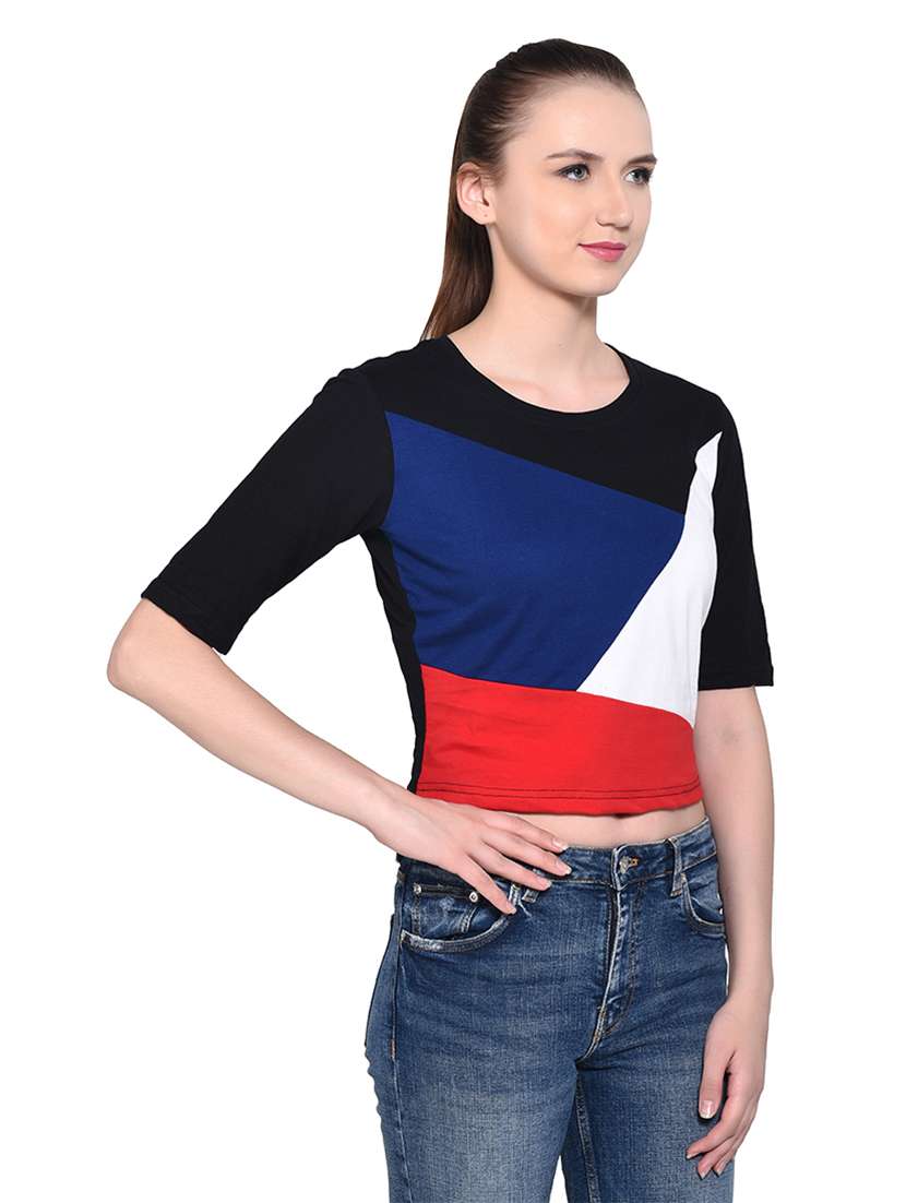 women color block round neck crop t-shirt - 20842158 -  Standard Image - 1