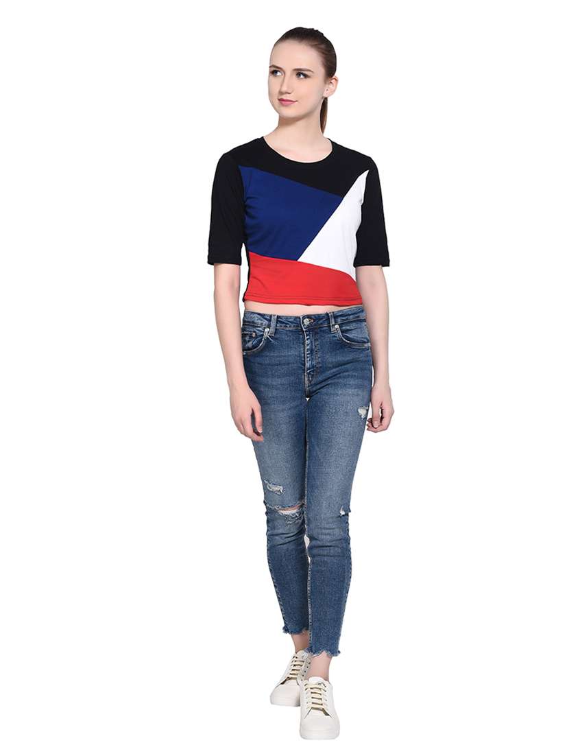 women color block round neck crop t-shirt - 20842158 -  Standard Image - 4