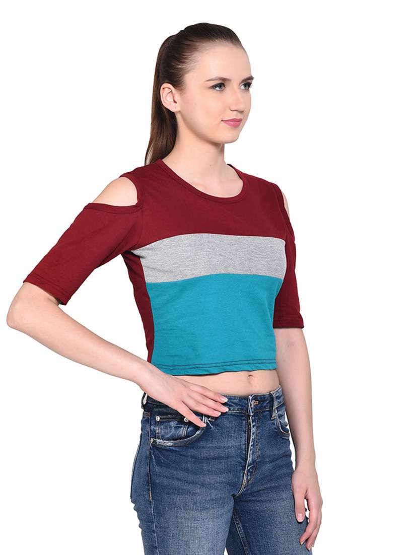 women color block round neck t-shirt - 20842222 -  Standard Image - 1