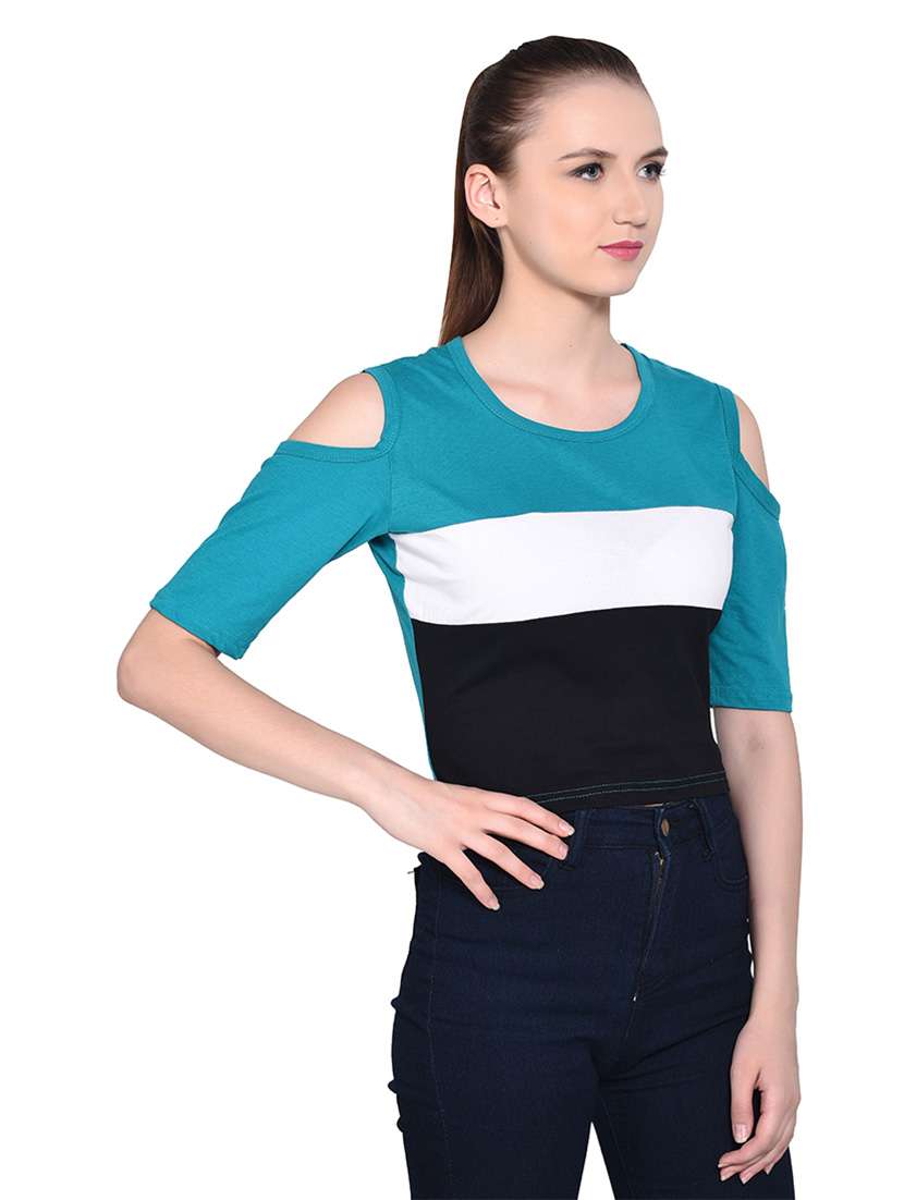 women color block round neck crop t-shirt - 20842257 -  Standard Image - 1