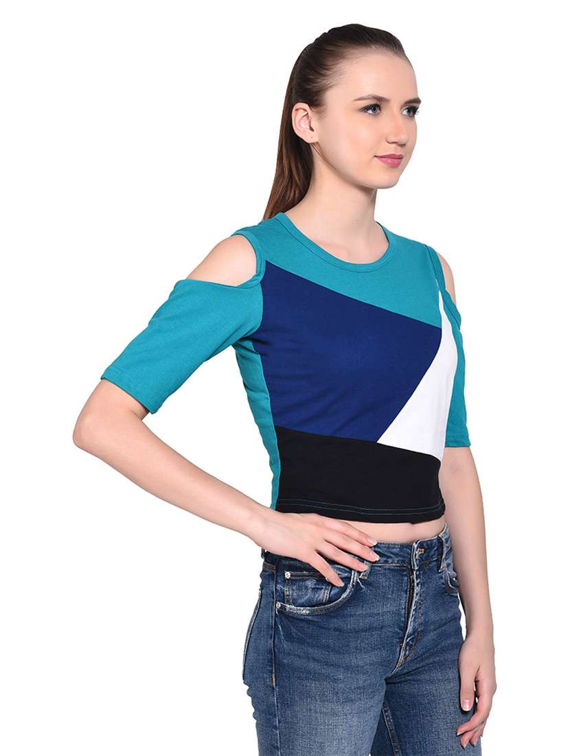women color block round neck crop t-shirt - 20842264 -  Standard Image - 1