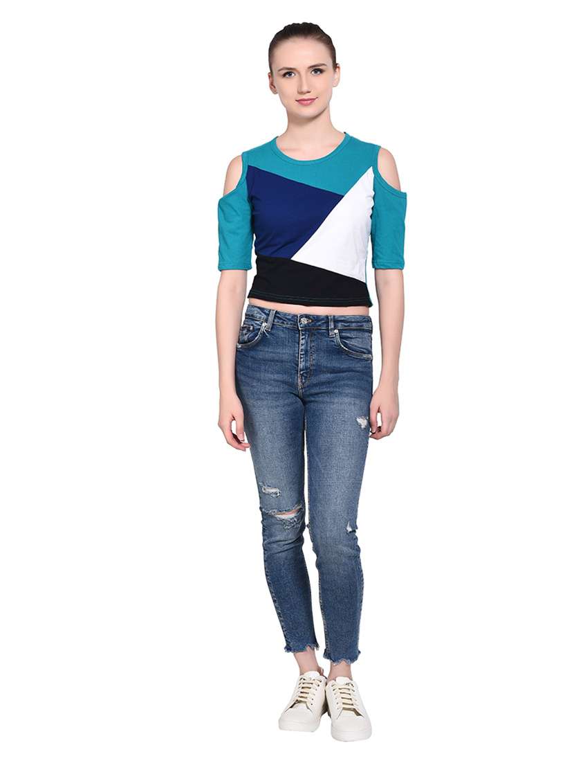 women color block round neck crop t-shirt - 20842264 -  Standard Image - 4