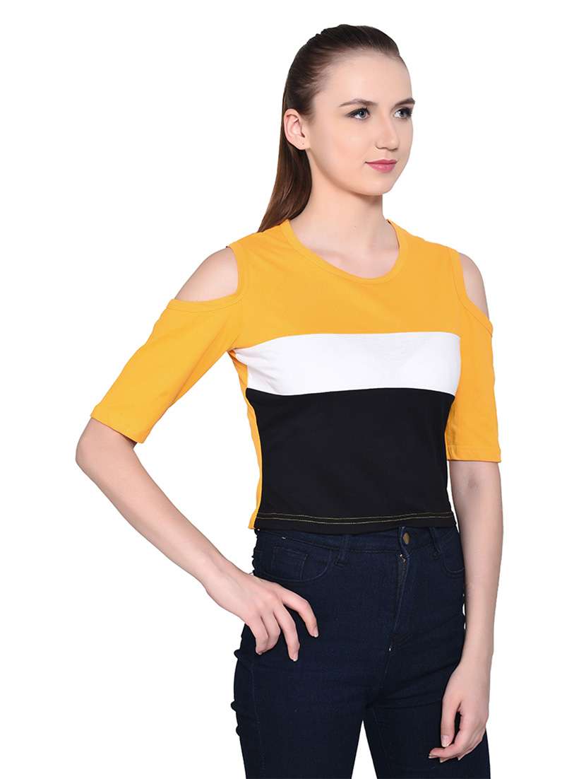women color block round neck crop t-shirt - 20842275 -  Standard Image - 1