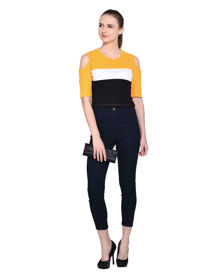 women color block round neck crop t-shirt - 20842275 -  Standard Image - 4