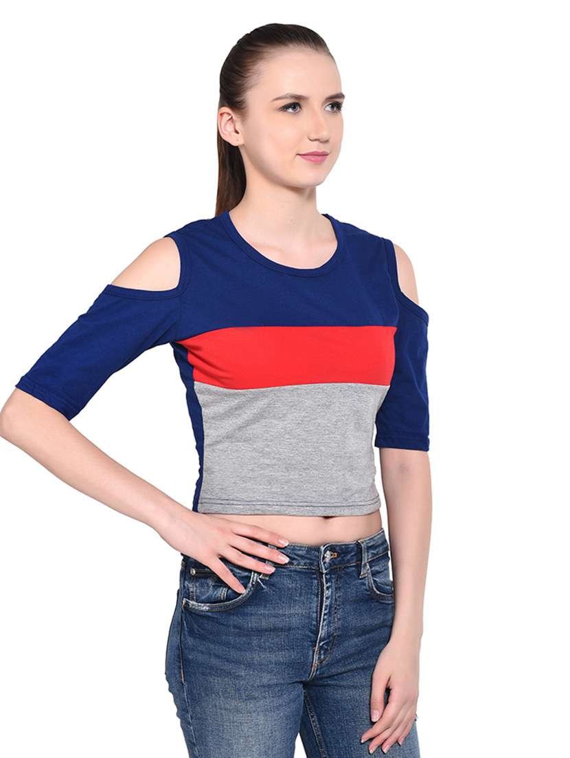 women color block round neck crop t-shirt - 20842287 -  Standard Image - 1
