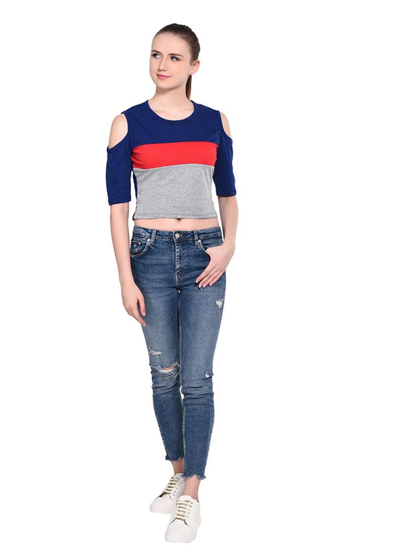 women color block round neck crop t-shirt - 20842287 -  Standard Image - 4
