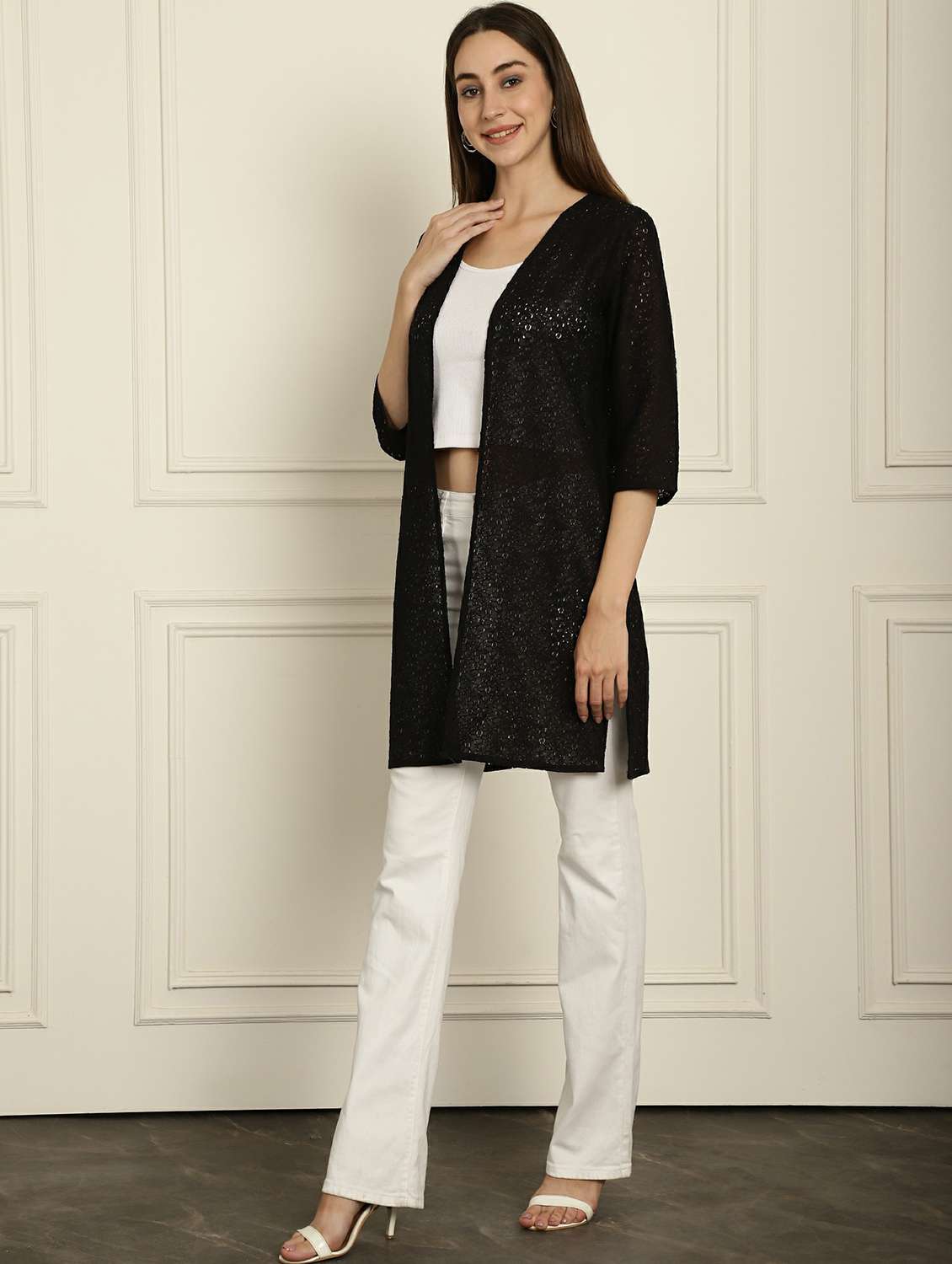 black self design cotton blend shrug - 20844431 -  Standard Image - 1