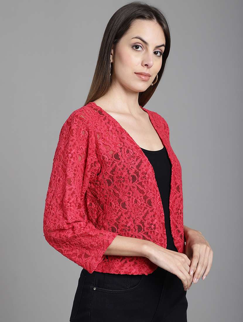 red self design cotton blend shrug - 20844439 -  Standard Image - 1