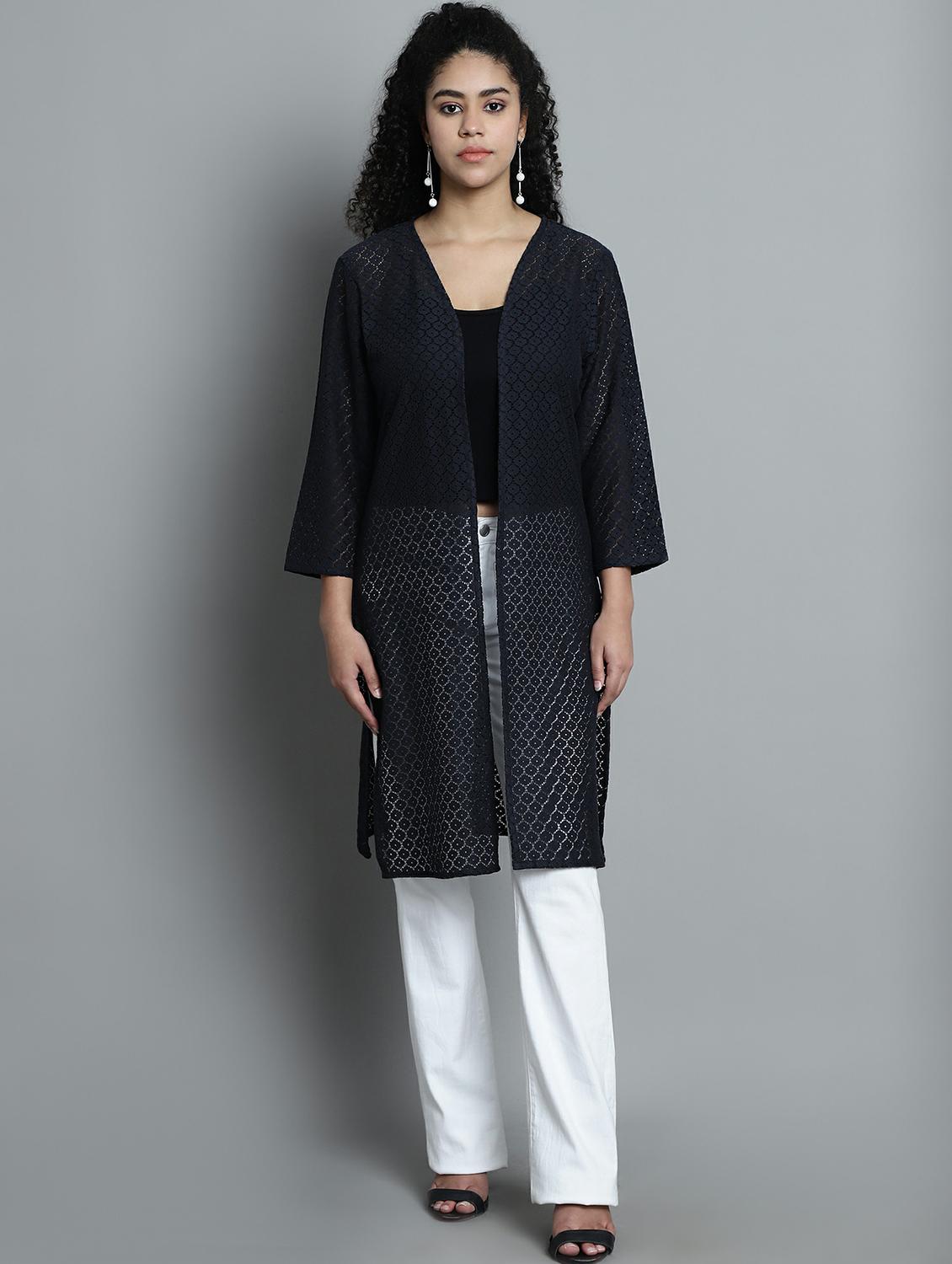 dark grey self design cotton blend shrug - 20844461 - Standard Image - 1