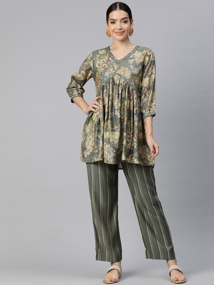 olive three quarter sleeve ethnic co-ord set - 20844519 - Standard Image - 1