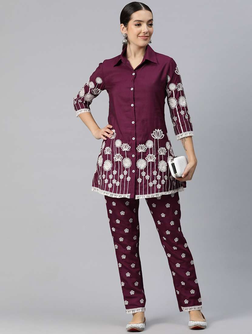 burgundy three quarter sleeve ethnic co-ord set