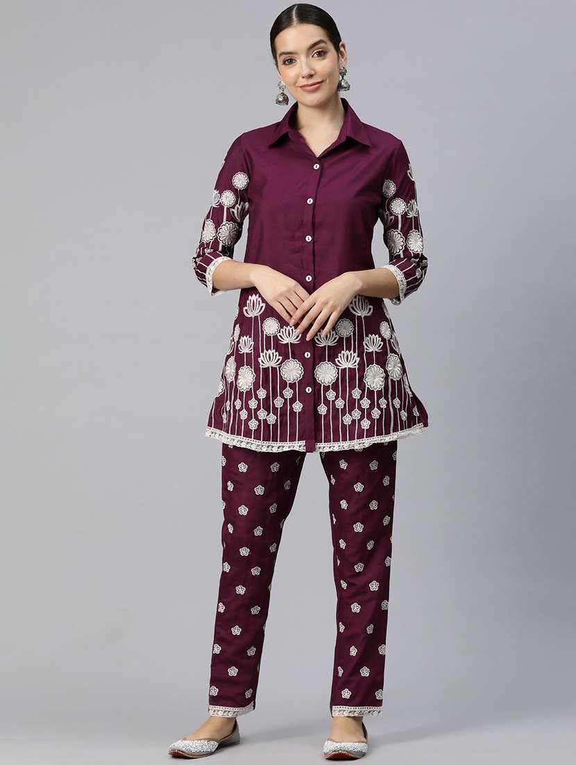 burgundy three quarter sleeve ethnic co-ord set - 20844531 -  Standard Image - 1