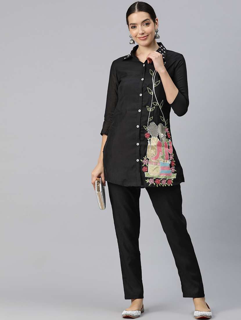 black three quarter sleeve ethnic co-ord set