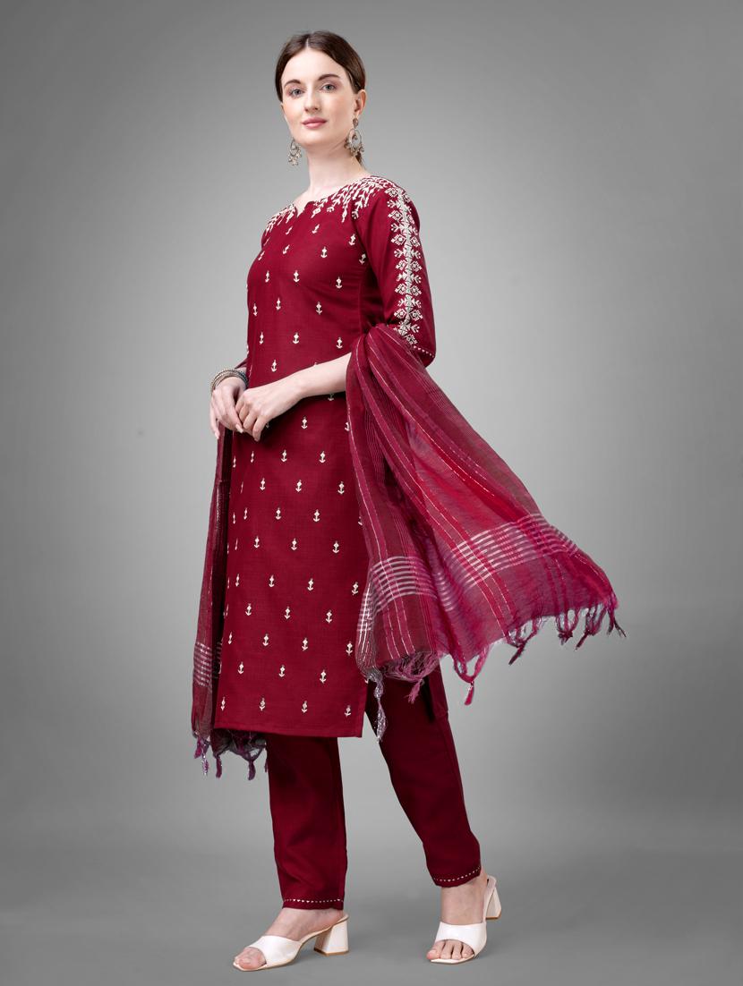 maroon three quarter sleeve kurta pant set - 20844545 - Standard Image - 1