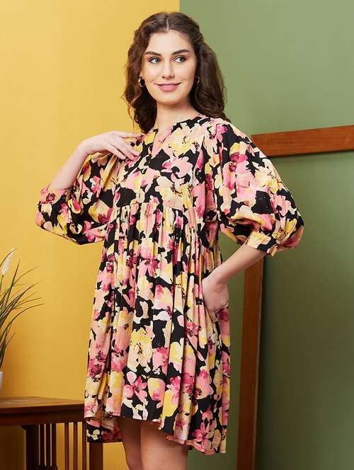 black floral printed a-line dress - 20844566 - Standard Image - 0
