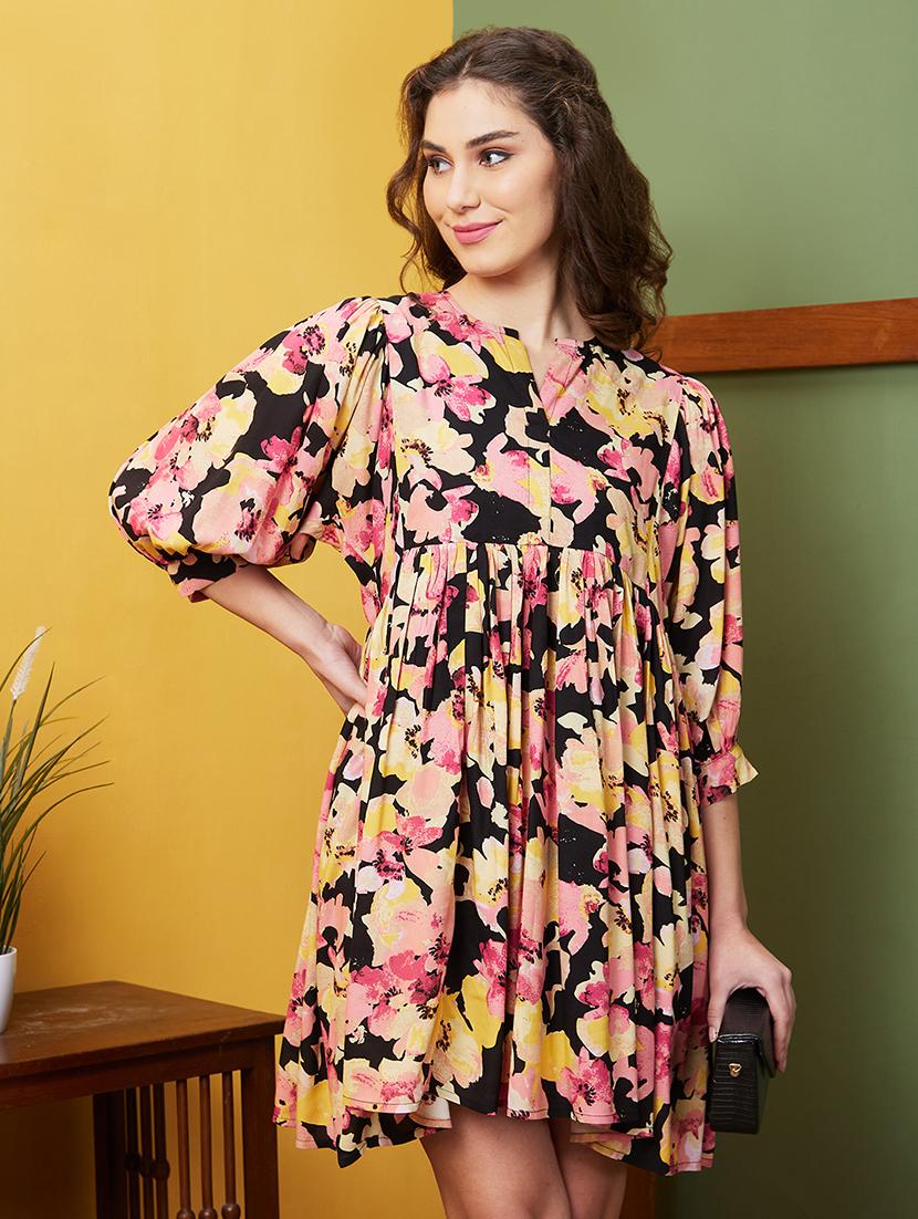 black floral printed a-line dress - 20844566 - Standard Image - 1