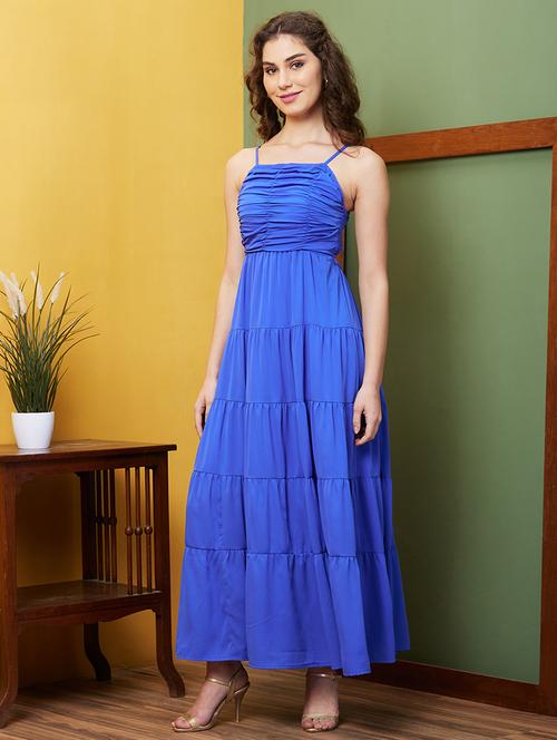 globus women blue square neck strappy shoulder cut-outs smocked tiered fit & flare maxi party dress - 20844572 - Standard Image - 0