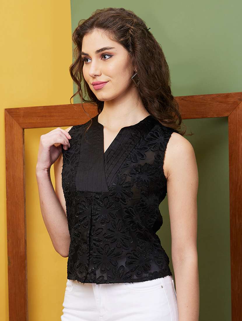 globus women black self design v-neck workwear top - 20844588 -  Standard Image - 1