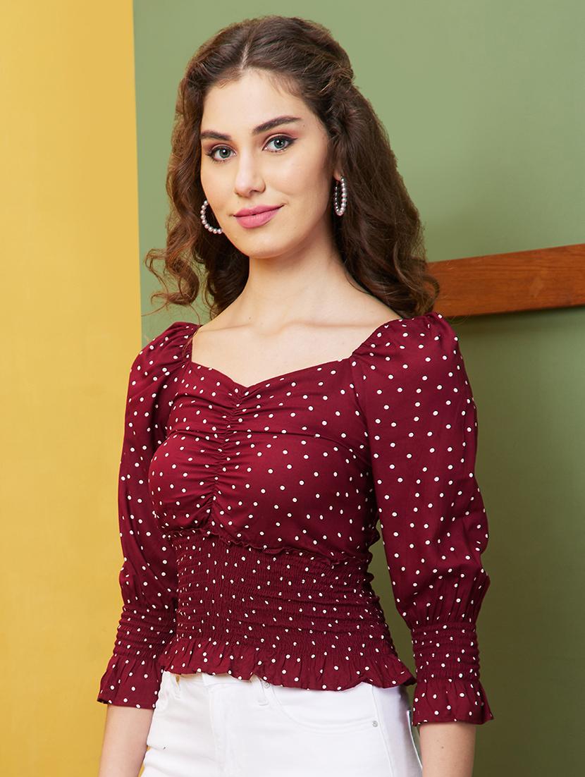 globus women maroon polka dots sweetheart neck frilled & cinched waist top - 20844639 -  Standard Image - 1