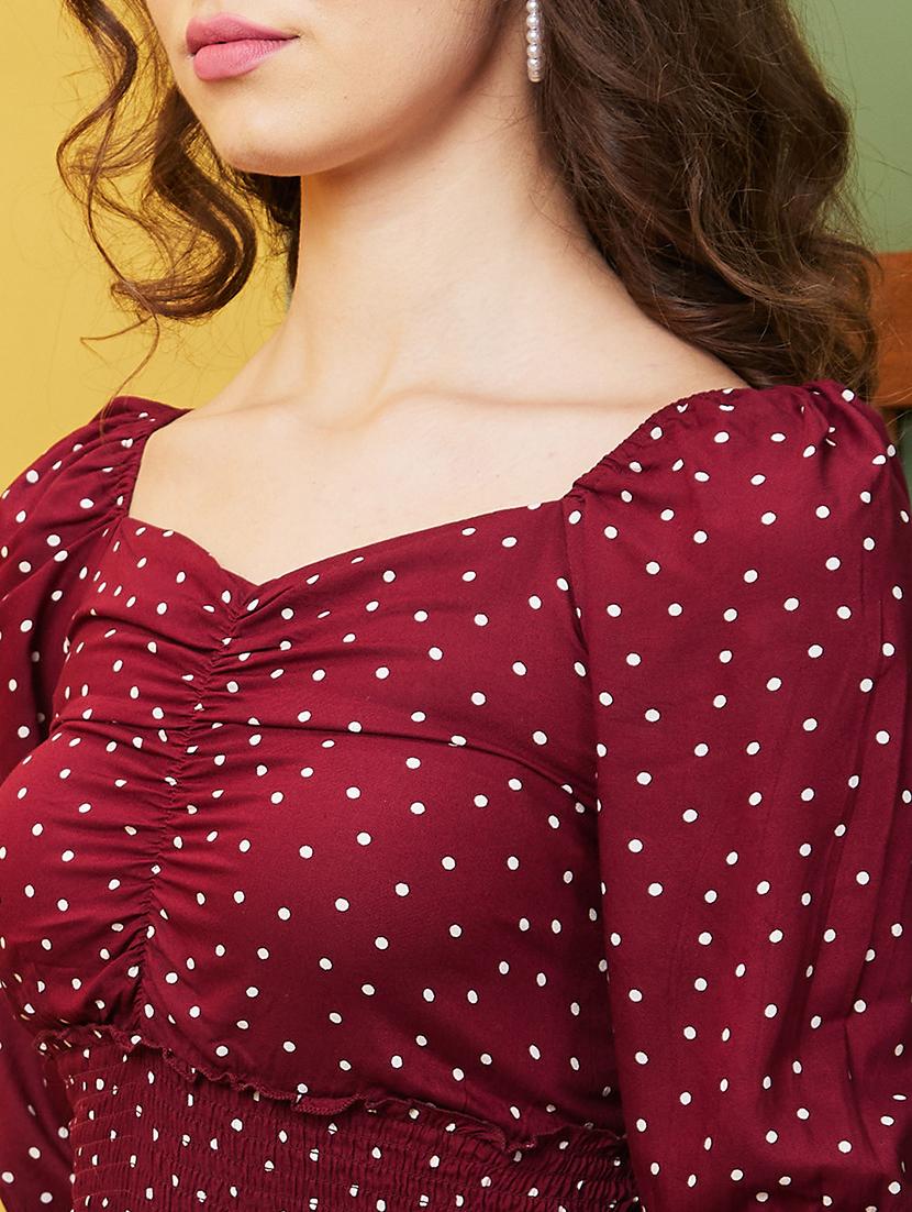 globus women maroon polka dots sweetheart neck frilled & cinched waist top - 20844639 - Standard Image - 4