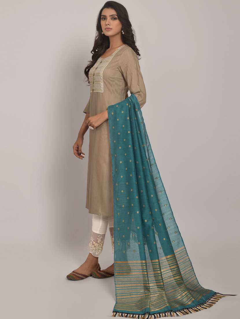 women beige round neck kurta pant set with dupatta - 20845403 -  Standard Image - 1