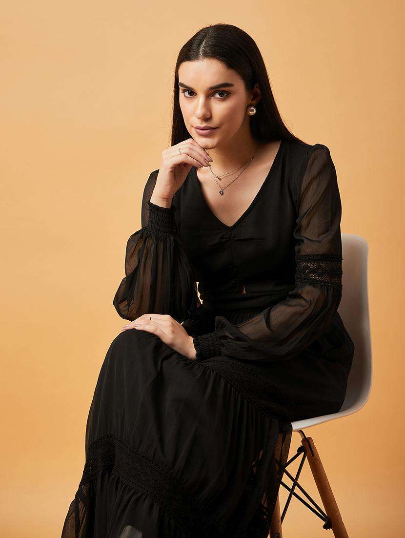 women black solids v neck tiered dress - 20845465 -  Standard Image - 1