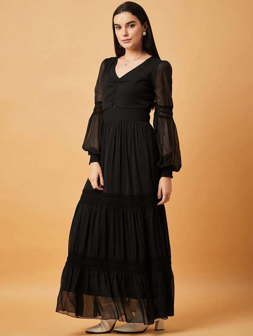 women black solids v neck tiered dress - 20845465 -  Standard Image - 4